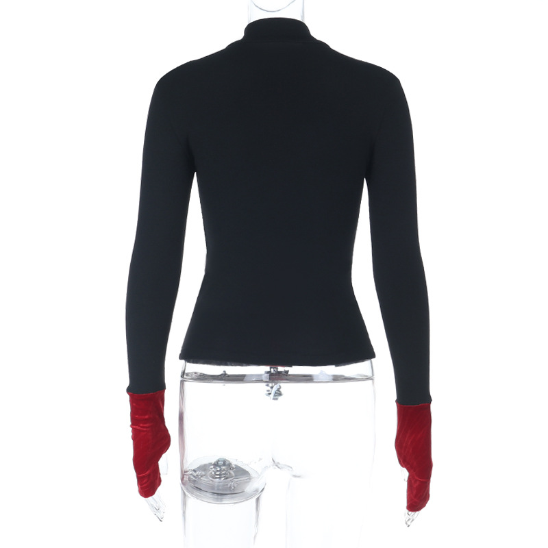 Dark Gothic Black Red Contrast Knit Top - Velvet Cross Slim Long Sleeve T-Shirt